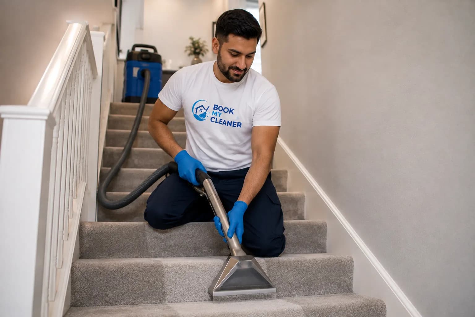 Book My Cleaners team deep-cleaning a London living-room carpet with industrial hot-water extraction